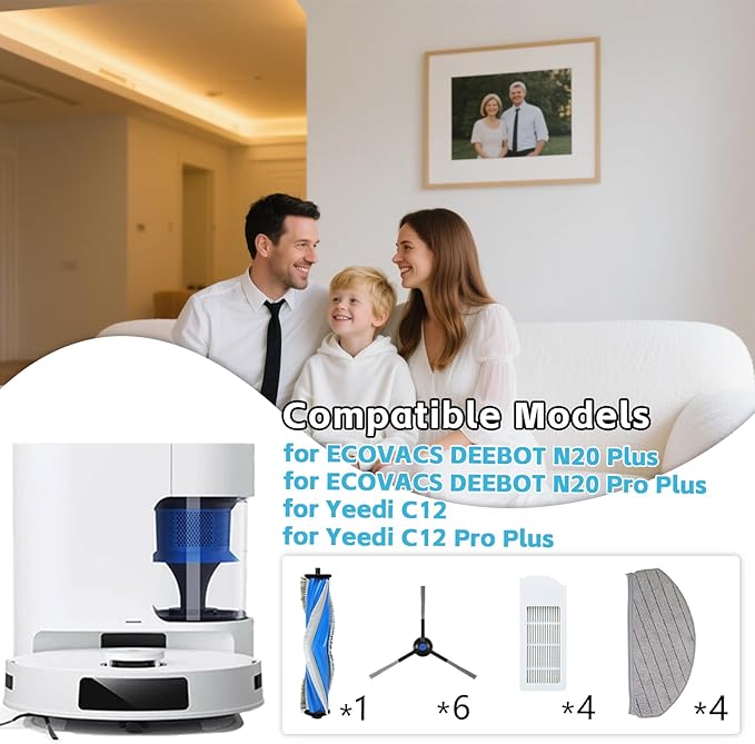 Accessories for ECOVACS DEEBOT N20 Plus, N20 Pro Plus, for Yeedi C12 Pro Plus, C12 Vacuum Cleaner, 1 Main Brush, 4 Filters, 4 Mop Pads, 6 Side Brushes, N20 Plus Replacement Part Kit Attachment