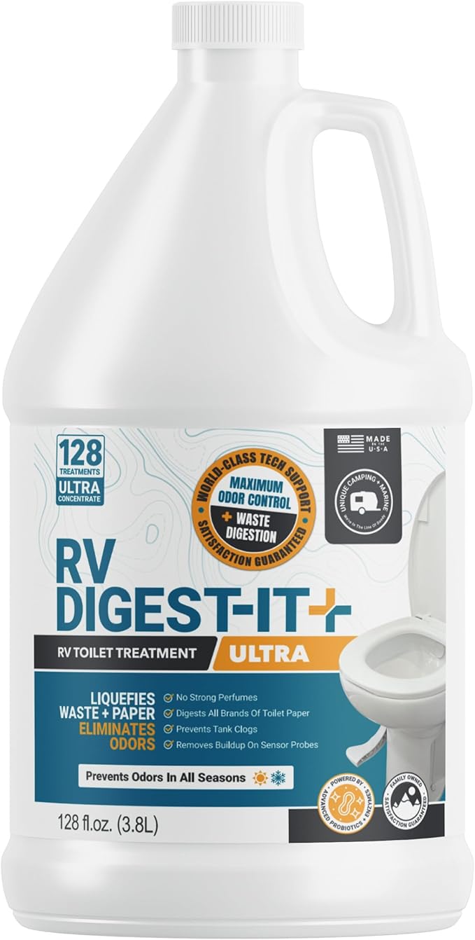 Unique RV Digest-It Ultra RV Toilet Treatment Refill, 128 Uses, Super Concentrated - Eliminates Smells and Liquifies Waste, Easy-Measure Extra-Strength Bio-Enzymatic Holding Tank Treatment (128 oz)