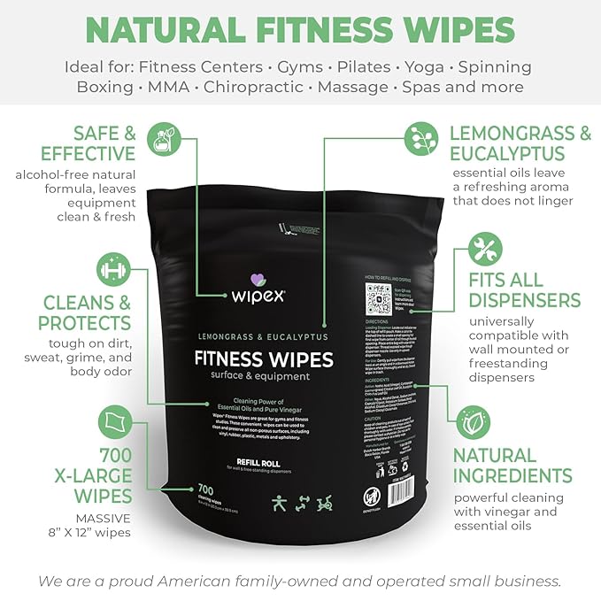 Wipex Wipe Dispenser Refill Bundle - 2800 Count Large 8x12 Gym Wipes for Equipment, Lemongrass & Eucalyptus Scent with Black Stainless Steel Floor Dispenser & Trashcan, Ideal for Fitness Centers