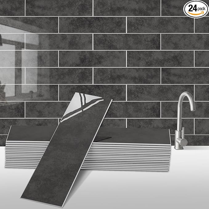 24-Pieces Peel and Stick Tiles for Kitchen Backsplash, New Upgrade Design 12" x 3"SPC Subway Backsplash Tiles, Marble Black Premium Finger Tiles (Dark Grey).