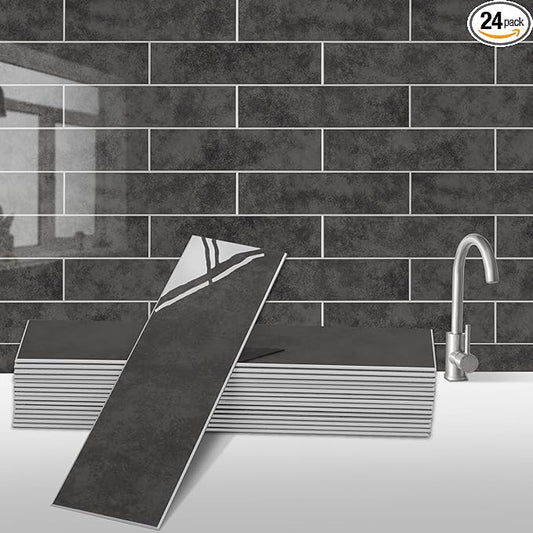24-Pieces Peel and Stick Tiles for Kitchen Backsplash, New Upgrade Design 12" x 3"SPC Subway Backsplash Tiles, Marble Black Premium Finger Tiles (Dark Grey).