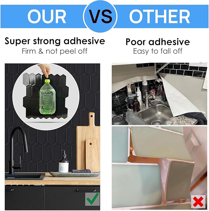 Matte Black Long Hexagon Peel and Stick Wall Tiles for Kitchen, 10-Sheet Stick on Tiles Backsplash for Bathroom, Large Self-Adhesive Kitchen Backsplash (12''×12'')