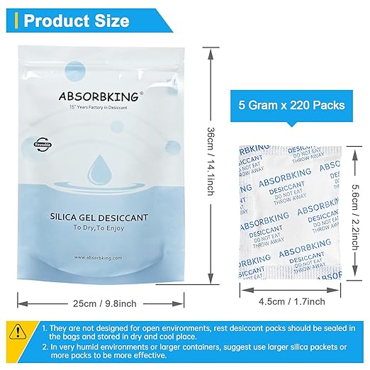 Desiccant Packs – 5 Gram 220 Packs Moisture Absorbers, Food Grade Desiccant with Color Indicating, Premium Desiccant Packs for Storage, Great for Spices, Foods, Electronics, Jewelry