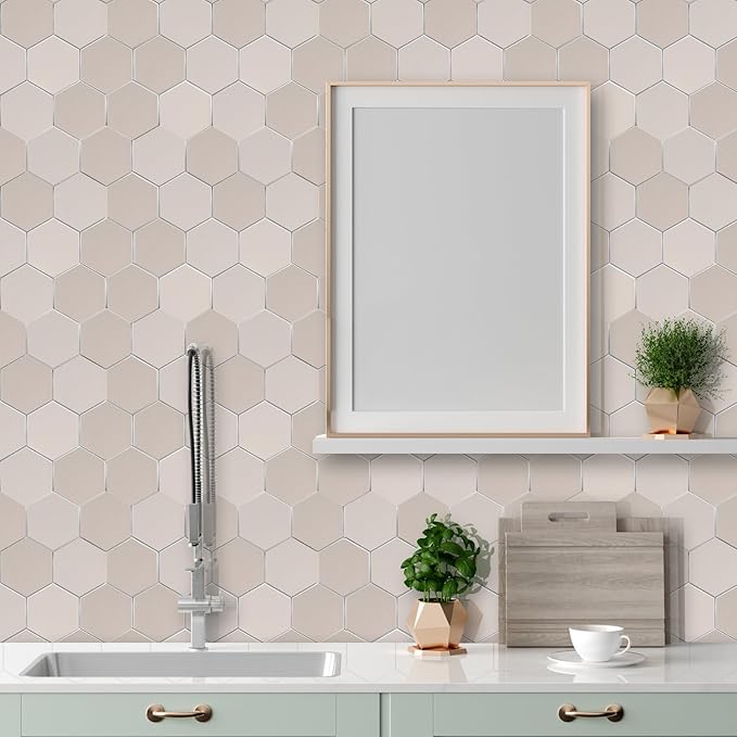 Thickened Hexagon Peel and Stick Tile Backsplash, New Upgrade Glossy and Matte Beige Waterproof Stick on Backsplash, Self-Adhesive Marble Tiles for Kitchen,Bathroom and Bedroom，10-Sheet.