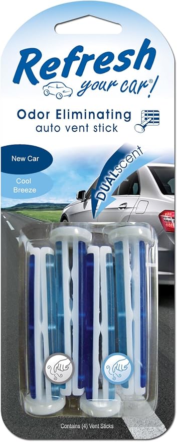 Refresh Your Car Car Air Freshener, Odor Eliminator, Set of 4 Auto Dual Scent Vent Sticks, New Car and Cool Breeze Scent, Refresh Your Car