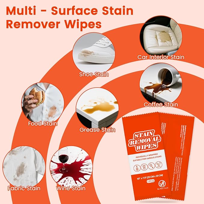 Stain Remover Wet Wipes Bulk, Individual Wrapped Stain Remover for Clothes Portable Travel Messy Eater Stain Removal Wipes Pocket Size for Clothing Fabric, Shoes, Wine, Fast Food (10 x 7.9 inch) (100)