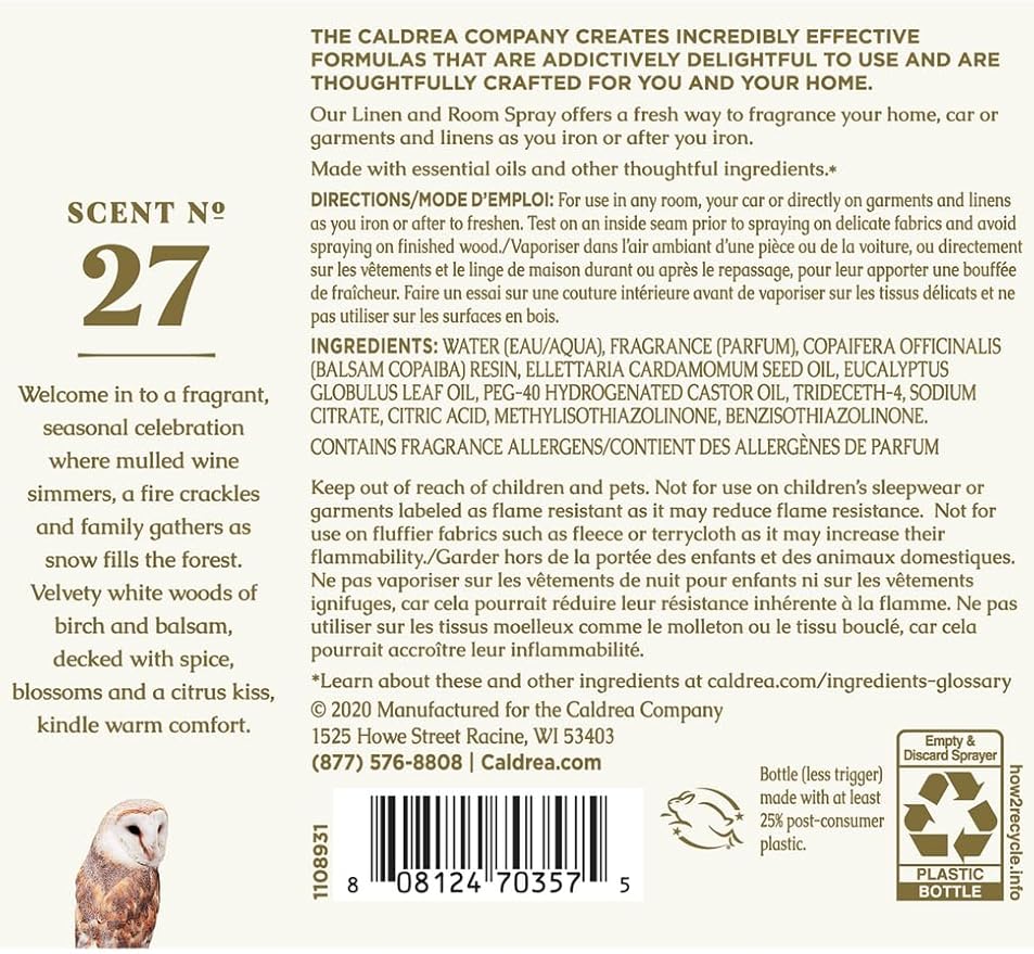 Caldrea Linen And Room Spray Air Freshener, Made With Essential Oils, Plant-Derived And Other Thoughtfully Chosen Ingredients, Gilded Balsam Birch, 16 Oz