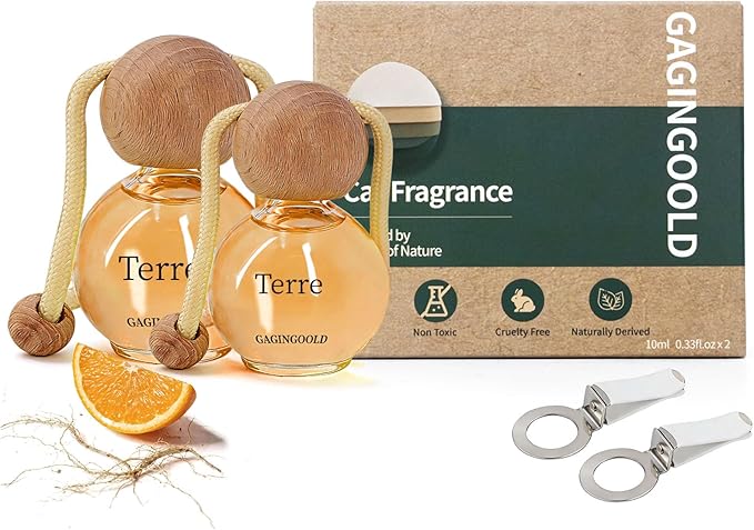 Car Air Freshener Hanging 2 Pack, Terre Scent Essential Oil Diffuser Long Lasting Up to 150 Days, Cute Car Accessories with 2 Vent Clip for Women Men Gift, Odor Eliminator