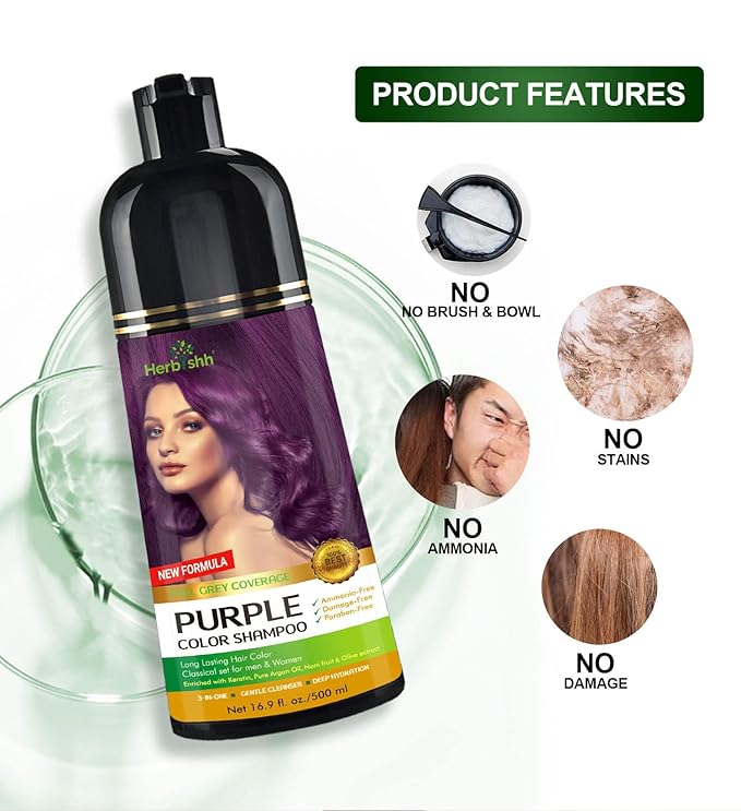 Herbishh Hair Color Shampoo for Gray Hair Purple 500 ML - Dye Shield or Defender - Hair Color Stain Remover Wipes - Travel Pack With 5 Wipes