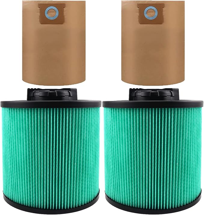 2pack DXVC6914 HEPA High Efficiency Cartridge Filter Fit for Dewalt 6-16 Gallon Wet/Dry Vacuum Cleaners with 2 Pack DXVA19-4101 Vacuum Bags