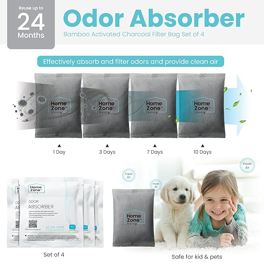 Home Zone Living CleanAura Deodorizing Bamboo Activated Charcoal Filter Bag Set of 4