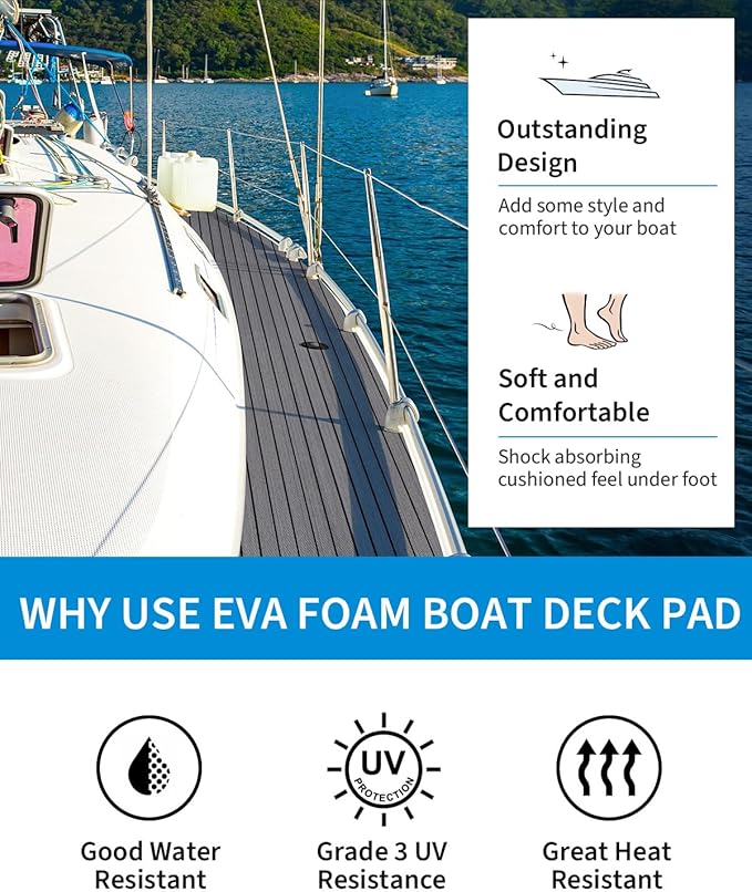 OCEANBROAD EVA Foam Boat Flooring with 3M Adhesive Backing Marine Self-Adhesive Decking 96''x45.6''/36''/28.8''/16.8'', 48''x16.8'' Faux Teak Sheet for Jon Boats Swim Platform Helm Pad RV Floor