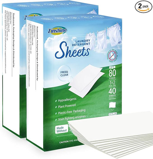 Laundry Detergent Sheets - Eco Friendly Laundry Washing Sheets, Hypoallergenic, Free & Clear Scent, for Hotels, Dorm, Travel, Camping, Laundry Room, up to 160 loads (Pack of 2)