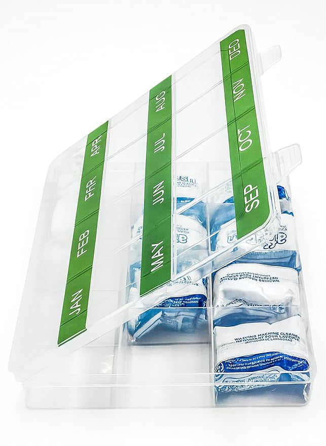 Monthly Reminder Organizer for Cleaning Tablets, 12 Labeled Compartments for Washing Machine, Dishwasher, Drain Disposal and Coffee Machine Cleaner Pods Holder