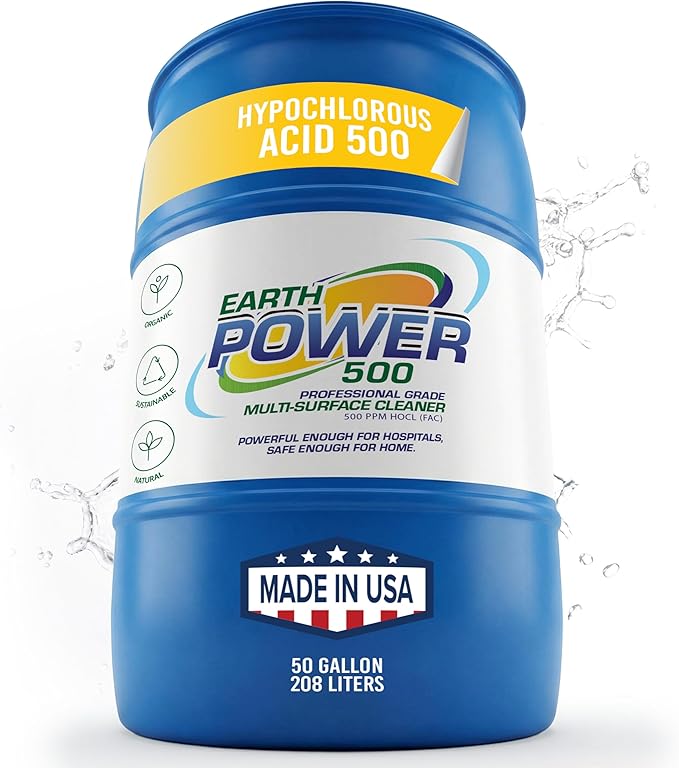 Earth Power Hypochlorous Acid 500 PPM Multipurpose Cleaner – Natural & Non-Toxic – Tile, Refrigerator, Shower, Countertop & Floor Cleaner – Family, Food & Pet Safe Cleaning Supplies – 50 Gallon