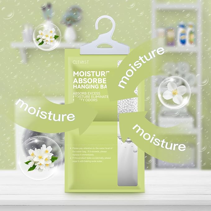 CLEVAST Moisture Absorbers Packets 10 Pack, Dehumidifier Bags for Closet, Scented Hanging Humidity Absorber in Wardrobes, Bedrooms, Bathrooms (Jasmine)