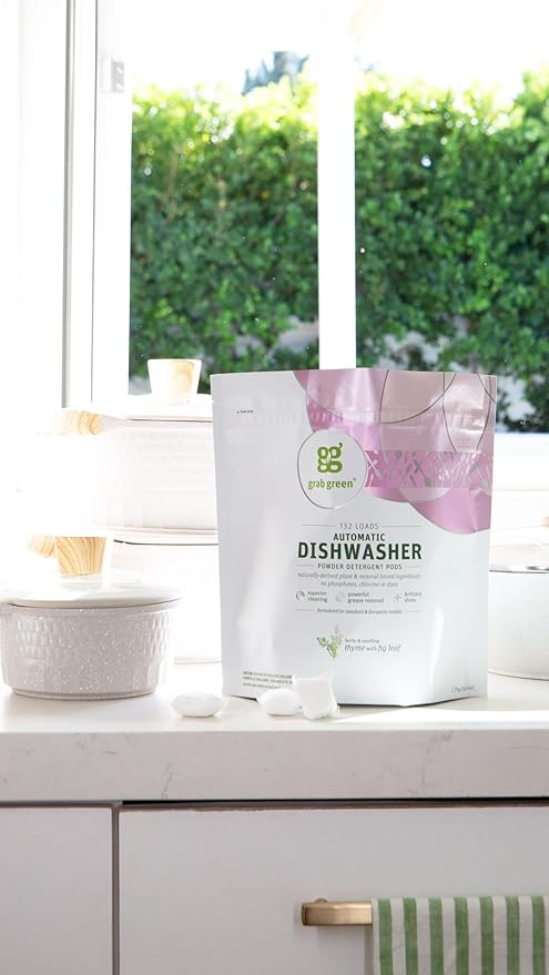 Grab Green Automatic Dishwashing Detergent Pods, 132 Count, Thyme Fig Leaf Scent, Plant and Mineral Based, Superior Cleaning, Powerful Grease Removal, Brilliant Shine