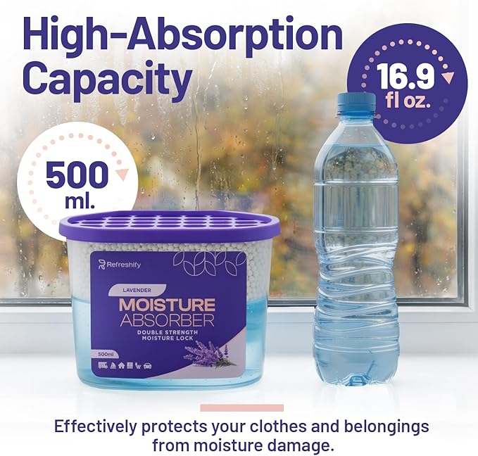 Premium Moisture Absorbers and Dehumidifier Tubs – High-Efficiency Closet Dehumidifier and Dehumidifier for Car, Odor Control Lavender, 6 Pack, 7.5 Oz