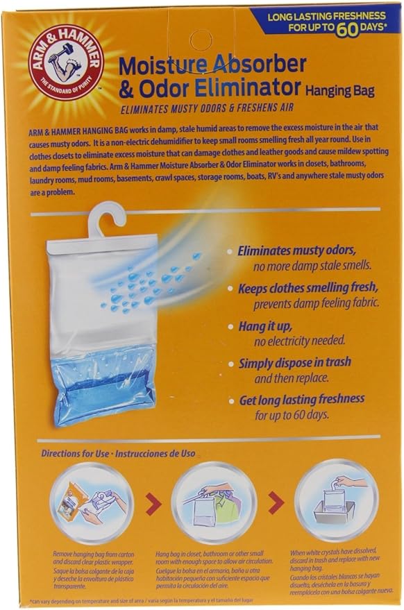 Arm & Hammer Moisture Absorber & Odor Eliminator 16oz Hanging Bag, 3 Pack (6 Bags Total) – Eliminates Musty Odors & Freshens Air for Closets, Laundry Rooms, Mud Rooms