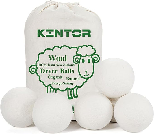KINTOR Wool Dryer Balls XL 6 Pack, 100% New Zealand Wool Organic Fabric Softener, Hypoallergenic Baby Safe Unscented, Chemical Free Reduce Wrinkles Static Cling, Shorten Drying Time (XL-6pack)