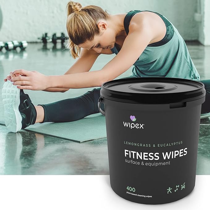 Wipex Fitness Wipes Bundle - Get 2 Buckets (1) Lemongrass Plant-Based Fitness Equipment Wipes & (1) Sanitizing BZK Bucket for Hands, Safe on Skin, Great for Home, Studios and Gyms, 400 Ct (Pack of 2)