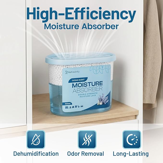 Premium Moisture Absorbers and Dehumidifier Tubs – High-Efficiency Closet Dehumidifier, Ocean Scent, 6 Pack, 7.5 Oz
