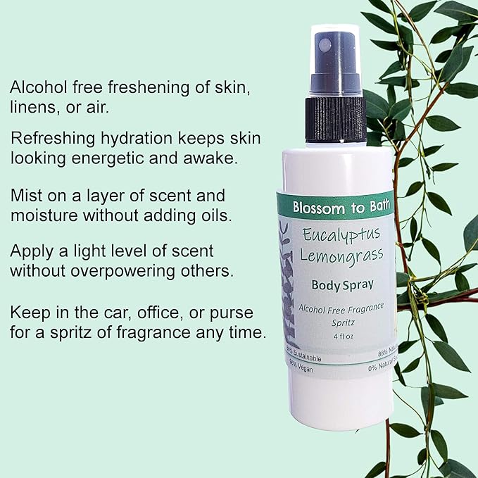 Blossom to Bath Eucalyptus Lemongrass Body Spray (4 Ounce) - Pure Essential Oil Fragrance - Energizes Skin with a Herbally Clean Natural Scent