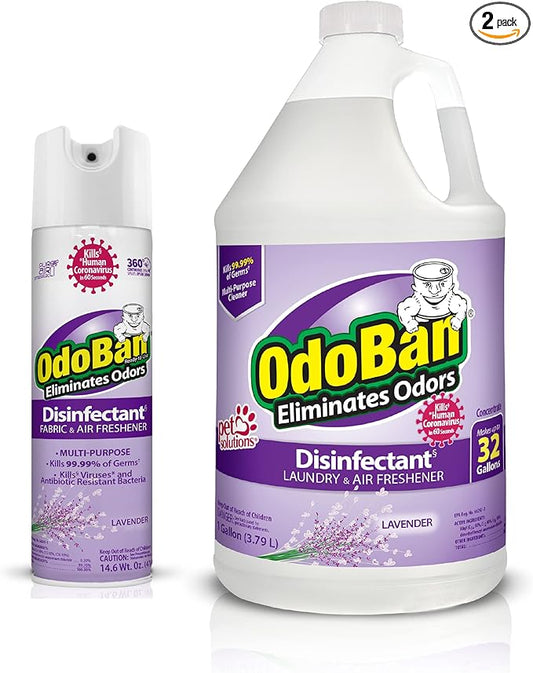 OdoBan Ready-to-Use Disinfectant and Harsh Aroma Eliminator, Set of 2, 14.6 Ounce 360-Degree Continuous Spray Fabric/Air Freshener and 1 Gallon Multi-Purpose Cleaning Concentrate, Lavender Scent