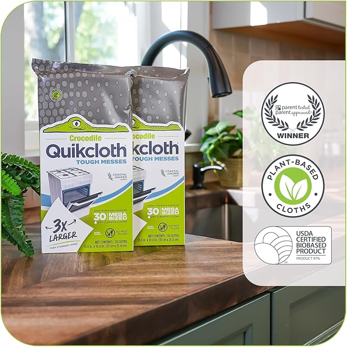 Quikcloth® Tough Messes – 30 Plant-Based, Gentle, Plastic-Free Cleaning Wipes for Home & Kitchen - Safe on Hands and Surfaces