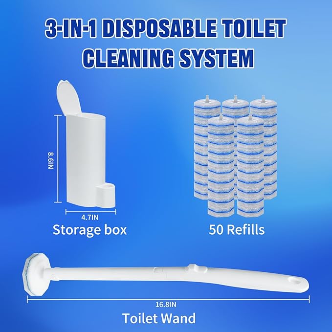 Disposable Toilet Brush and Holder Set, with 50 PCS Toilet Wand refills for Clorox, Wall Mounted Disposable T-oilet Bowl Wand Kit, for Bathroom, Sink & Bathtub, Touchless T-oilet Cleaning System