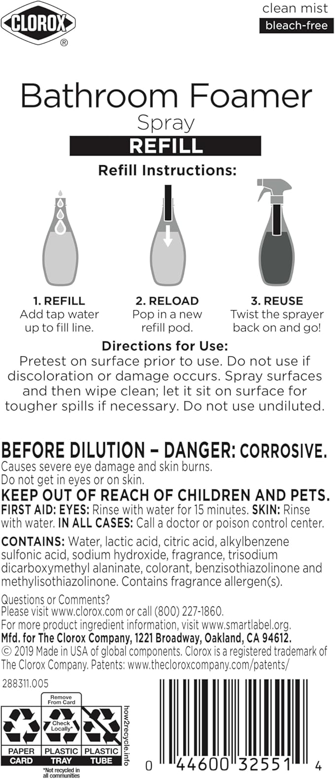 Clorox Bathroom Foamer Refill Cartridge Bathroom Foamer Reusable Spray Bottle, Household Essentials, Two Refill Cartridges, 0.66 Ounces (Package May Vary)
