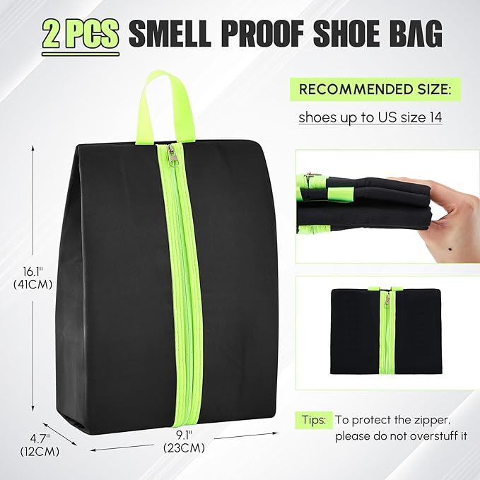 2 Pcs Smell Proof Cleat Bag for Sports, 4 Layer Odor Absorbing Soccer Football Baseball Golf Shoe Bag, Waterproof Mud Resistant Shoe Storage Pouch Fits up to Size 14 (Black,Gray)