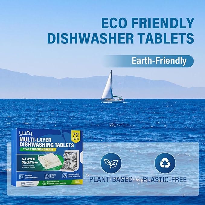 Dishwasher Detergent Tablets 72 Count: 5 Layer Powerful Dishwasher Detergent Eco-Friendly No Plastic Liquid-Free Dish Soap Cleaner Tab, Use in Dishwasher (Lemon)