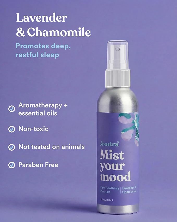 ASUTRA Multi-Use Essential Oil Aromatherapy Pillow Spray (Lavender & Chamomile), 4 fl oz Aluminum Bottle – Mist for Face, Body, Rooms & Linens – Car, Fabric, and Bathroom Freshener