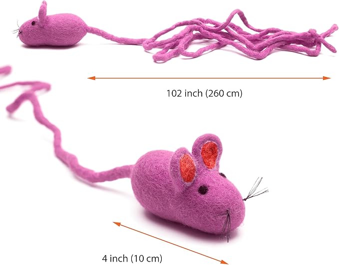 Glaciart One Felt Mouse Cat Toy – Soft Fuzzy Enrichment 100% Natural Wool - Interactive Catnip Play Cat Toy Set - Safe for Pets, Non-AZO Colored Dyes - 100” Long