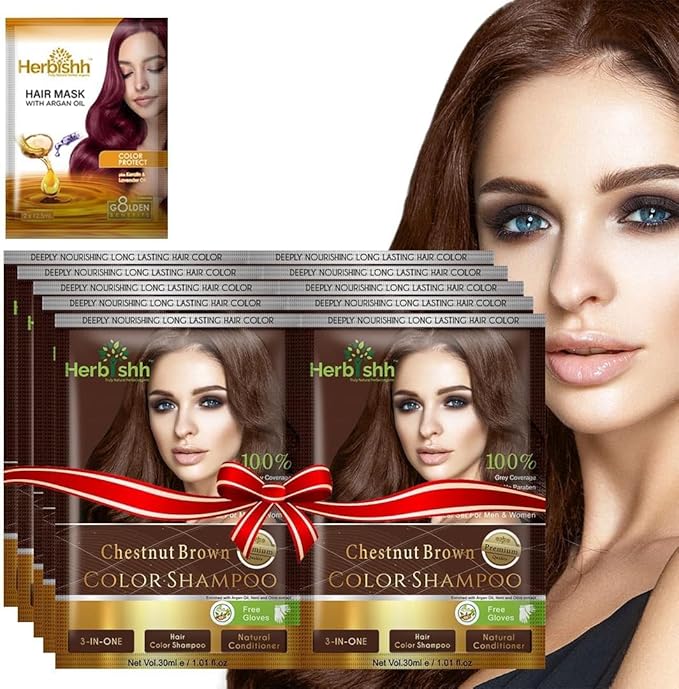 Herbishh Hair Color Shampoo for Gray Hair Chestnut Brown + Hair Color Stain Remover Wipes - Travel Pack With 5 Wipes