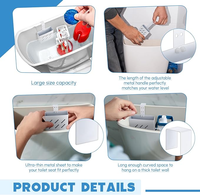 Honeydak 3.2 x 2.8 x 1.2 Inch Stainless Steel Toilet Tank Cleaner Holder with Adjustable Hook, Hanging Toilet Cleaner Caddy (White)
