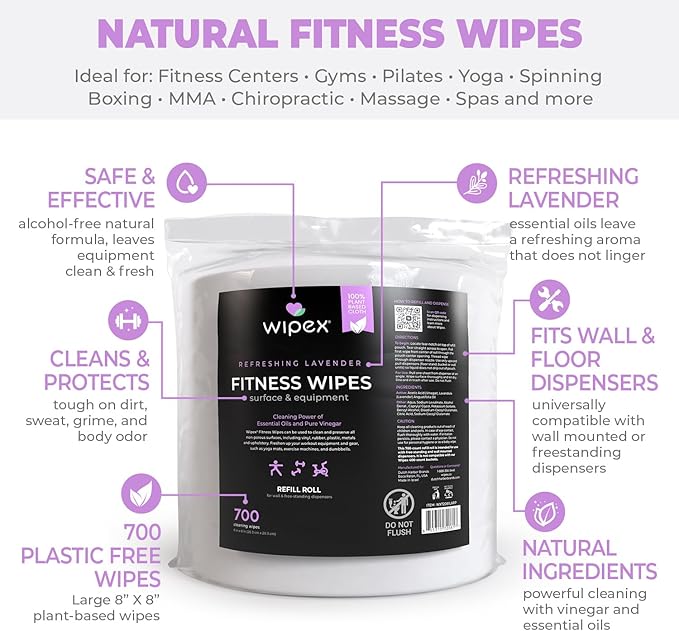 Wipex Gym Wipes Dispenser Refill Bundle - EWG Verified - 2800 Count Plant-Based 8x8" Gym Wipes for Equipment, Lavender Scent with Premium Black Stainless Steel Floor Dispenser
