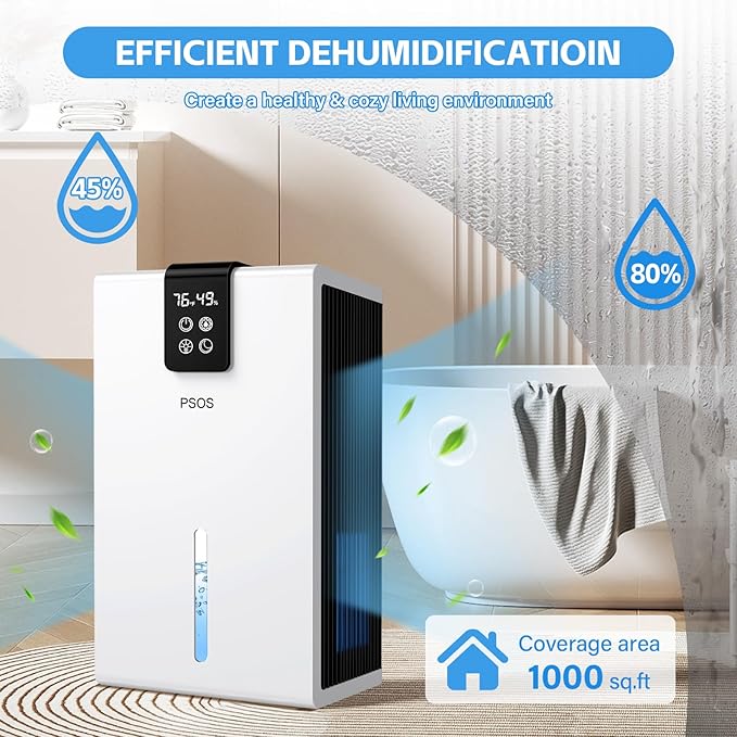 Dehumidifier, Dehumidifier for Home, 98 OZ Water Tank, 1000 sq.ft Dehumidifiers for Basement Bedroom Bathroom with Humidity Display, Auto Shut Off & Relaxing 7 Color Ambient Light, White