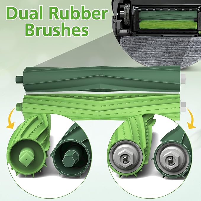 Replacement Parts for iRobot Roomba Combo i5, i5+, j5, j5+ Robot Vacuum Cleaner, Accessories Kit: Dual Multi-Surface Rubber Brushes + 4 Filters + 4 Mop Pads + 4 Vacuum Bags + 4 Edge-Sweeping Brush