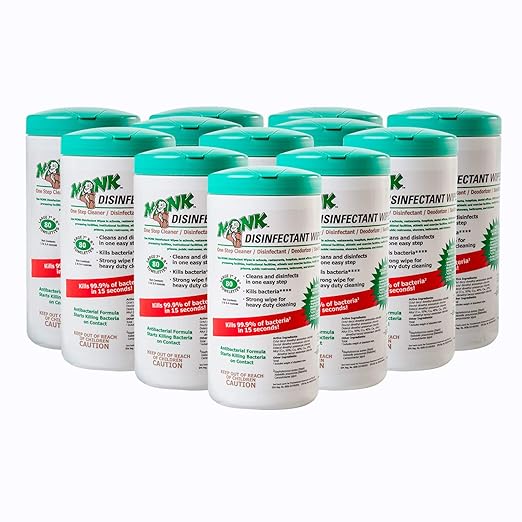 Monk Disinfectant Wipes, Large Lemon Breeze Fresh Scented Disinfectant Wipes, Value Pack Contains 12 Canisters of 80 Count, Perfect for Offices, Schools, Cycling, Kitchen, Yoga Mats and Other Surface