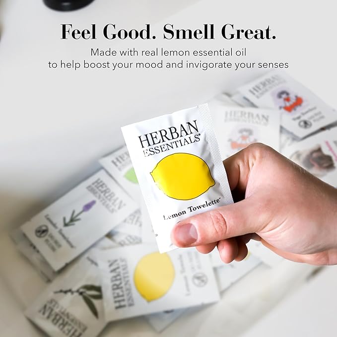 Herban Essentials - Lemon Wipes & Towelettes - Essential Oil Wipes for Make Up, Hands, Face & Body - Travel Size Essentials & Toiletries - Natural, Individually Wrapped, Disposable & Moist (7 count)