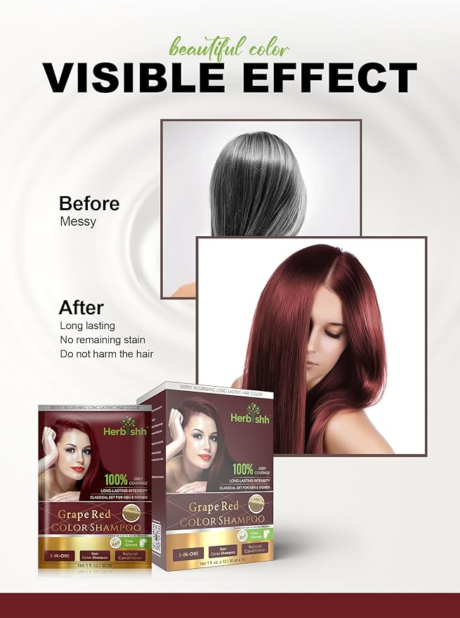 Herbishh Hair Color Shampoo for Gray Hair Grape Red + Hair Color Stain Remover Wipes - Travel Pack With 5 Wipes