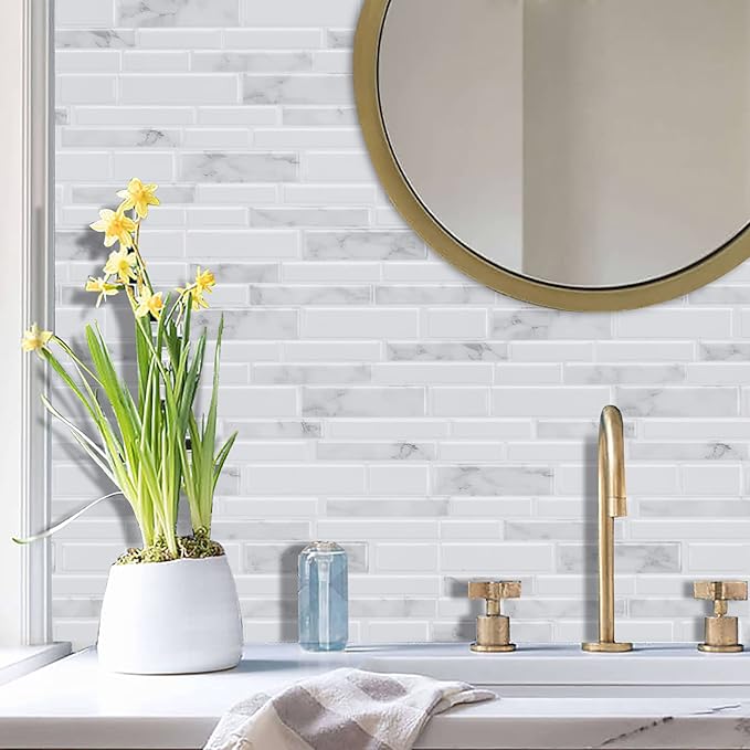Marble Peel and Stick Backsplash, 10-Sheet Premium 3D Self Adhesive Tiles for Kitchen Stick on Backsplash, Marble Look Decorative Tiles