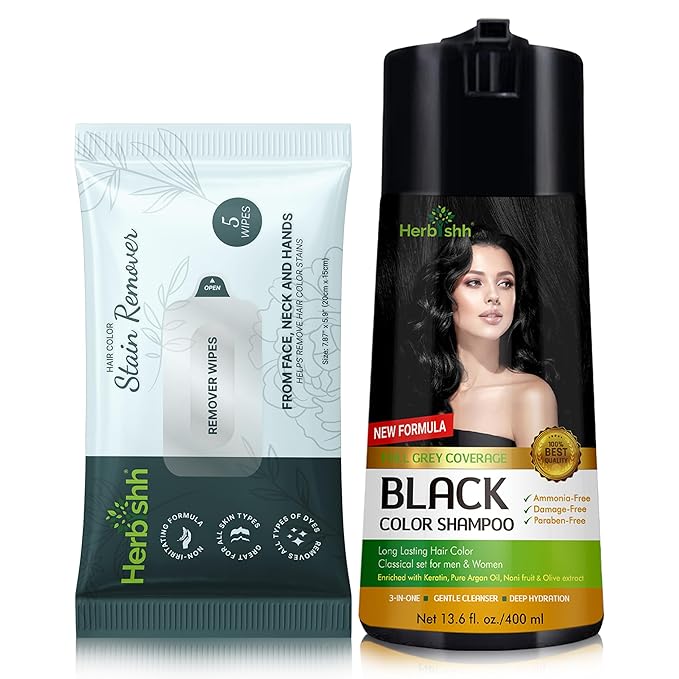 Herbishh Hair Color Shampoo for Gray Hair Black 400 ML + Hair Color Stain Remover Wipes + Travel Pack With 5 Wipes