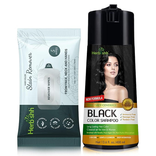 Herbishh Hair Color Shampoo for Gray Hair Black 400 ML + Hair Color Stain Remover Wipes + Travel Pack With 5 Wipes