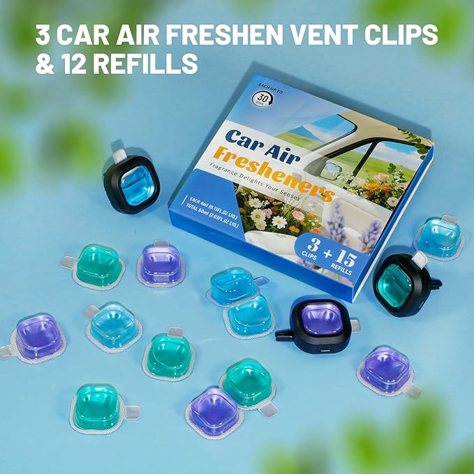 STRN Car Air Freshener, 12 Refills + 3 Square Vent Clips, 5 New Car & 5 Sea Breeze & 5 Lavender Scents, Long Lasting Air Fresheners Car Accessories Fragrance, Each Up to 20-30 Days