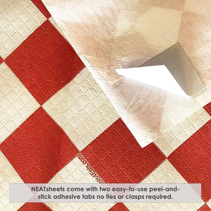 Disposable Bibs for Adults, Kids, Elderly Senior | Adhesive Tab Eating Napkin, Personal Use, Home Care, Business | Spill Absorbent, Stain Liquid Repellent | Red & White Diamond, 100 Count
