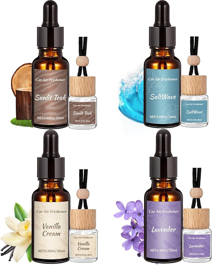 Car Air Freshener & Refill Set, 4-Scent Hanging Air Freshener Diffuser - Each(8ml +20ml Refills), 8 Pack Reusable Car Fragrance Decor Accessories