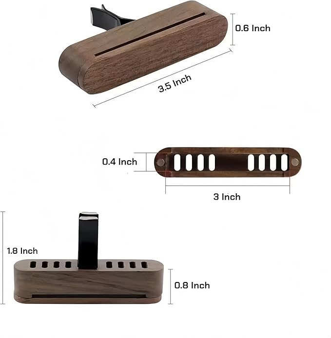 Natural Walnut Wood Vent Clip for Car (2-Pack) - Refillable Aroma Diffuser Base, Includes 10 Unscented Absorber Sticks - Elegant Air Freshener for Car, Home, Office & More